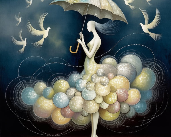 Whimsical Figure with Umbrella in Dreamy Atmosphere