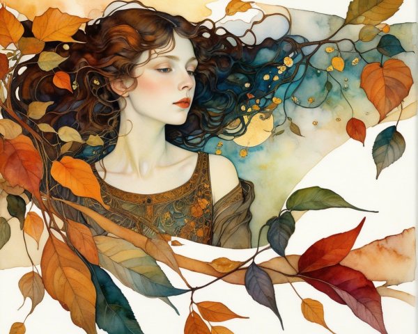 Serene Woman Surrounded by Autumn Leaves and Colors