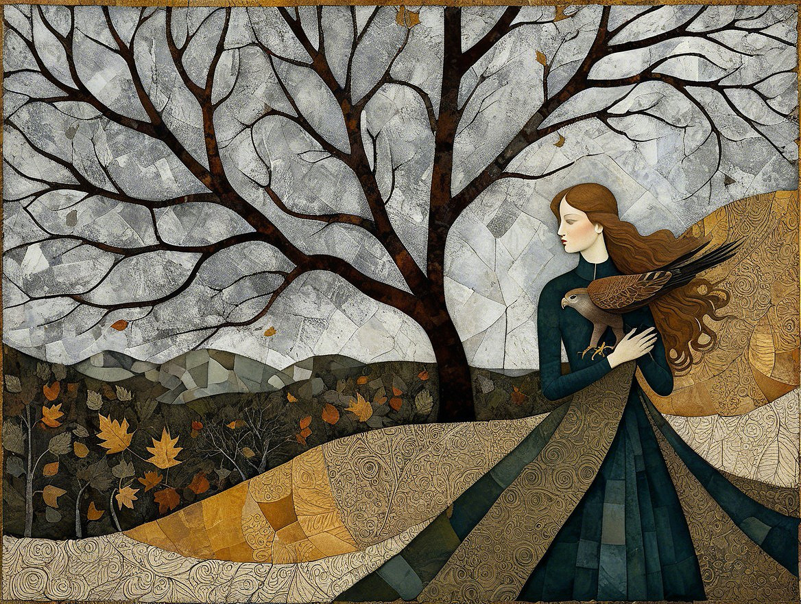 Woman in Teal Dress with Hawk in Nature Setting