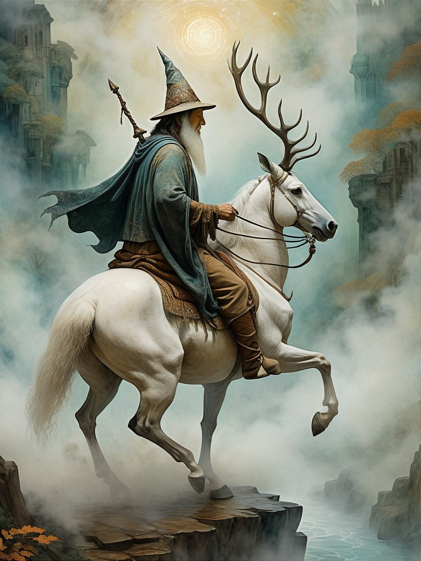 Wizard on Unicorn in Misty Enchanted Landscape