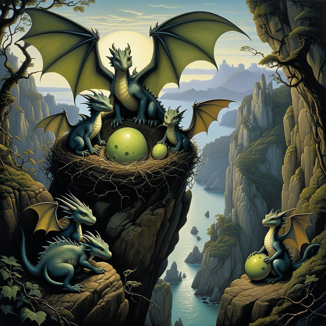 Teal-Green Dragons Overlooking Blue-Green Inlet Scene