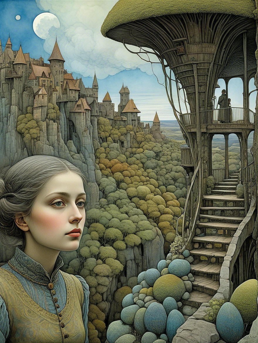 Dreamy Landscape with Woman and Medieval Town View