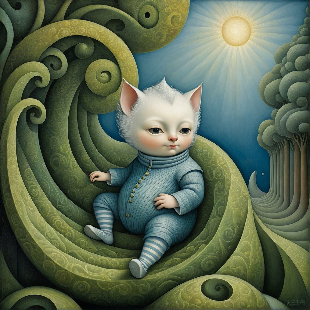 Whimsical Surreal Scene with Cat-like Child and Sun