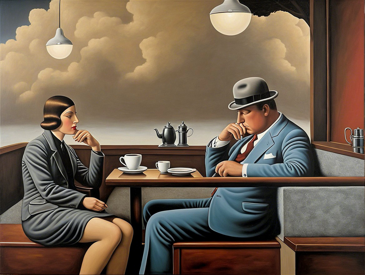 Vintage Café Scene with Thoughtful Man and Woman