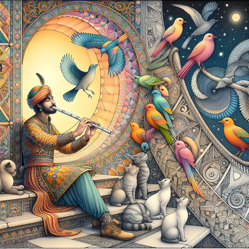 Musician in Ornate Attire Playing Flute Surrounded by Birds