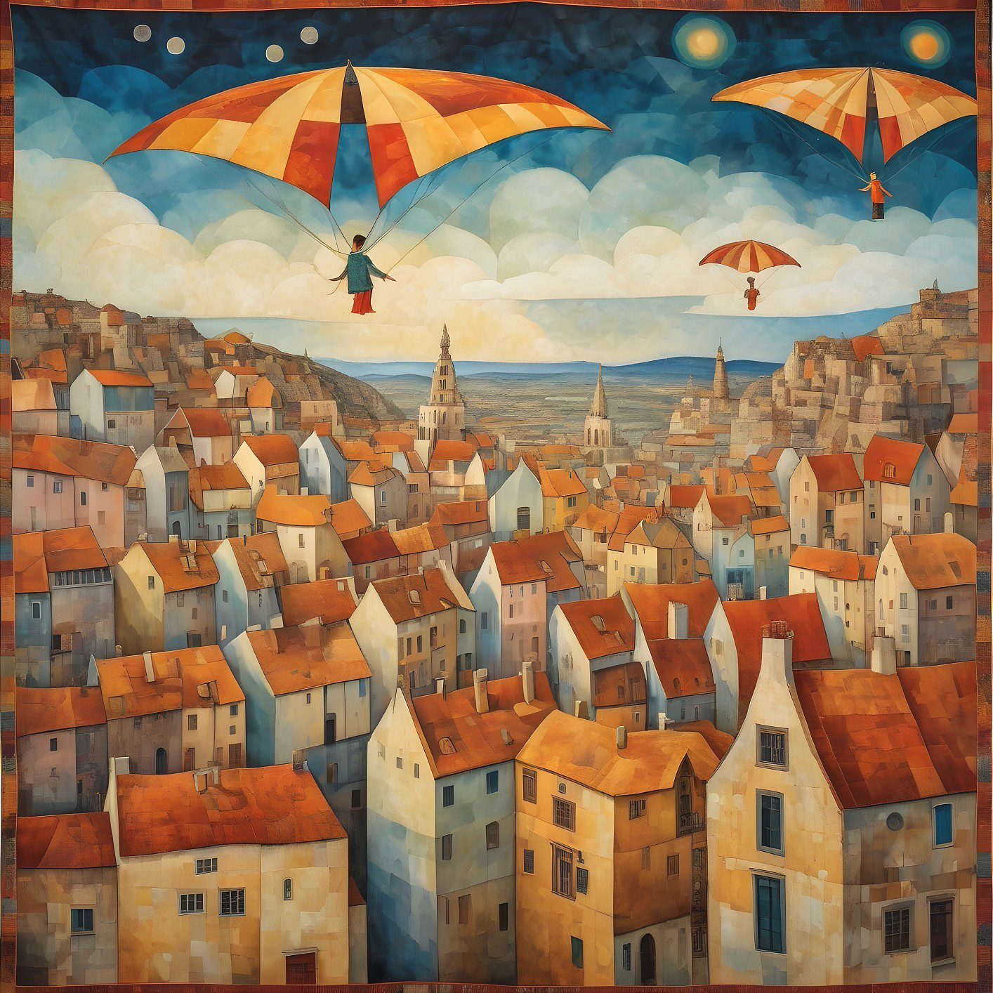 Whimsical Cityscape with Colorful Houses and Parachutes
