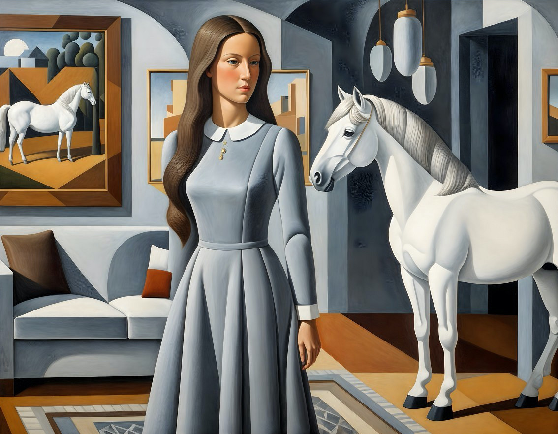 Woman in Grey Dress in Modern Interior with Horse