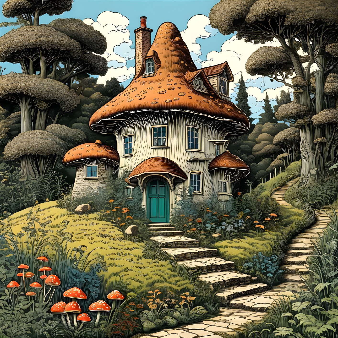 Whimsical Mushroom-Shaped Cottage in Lush Greenery