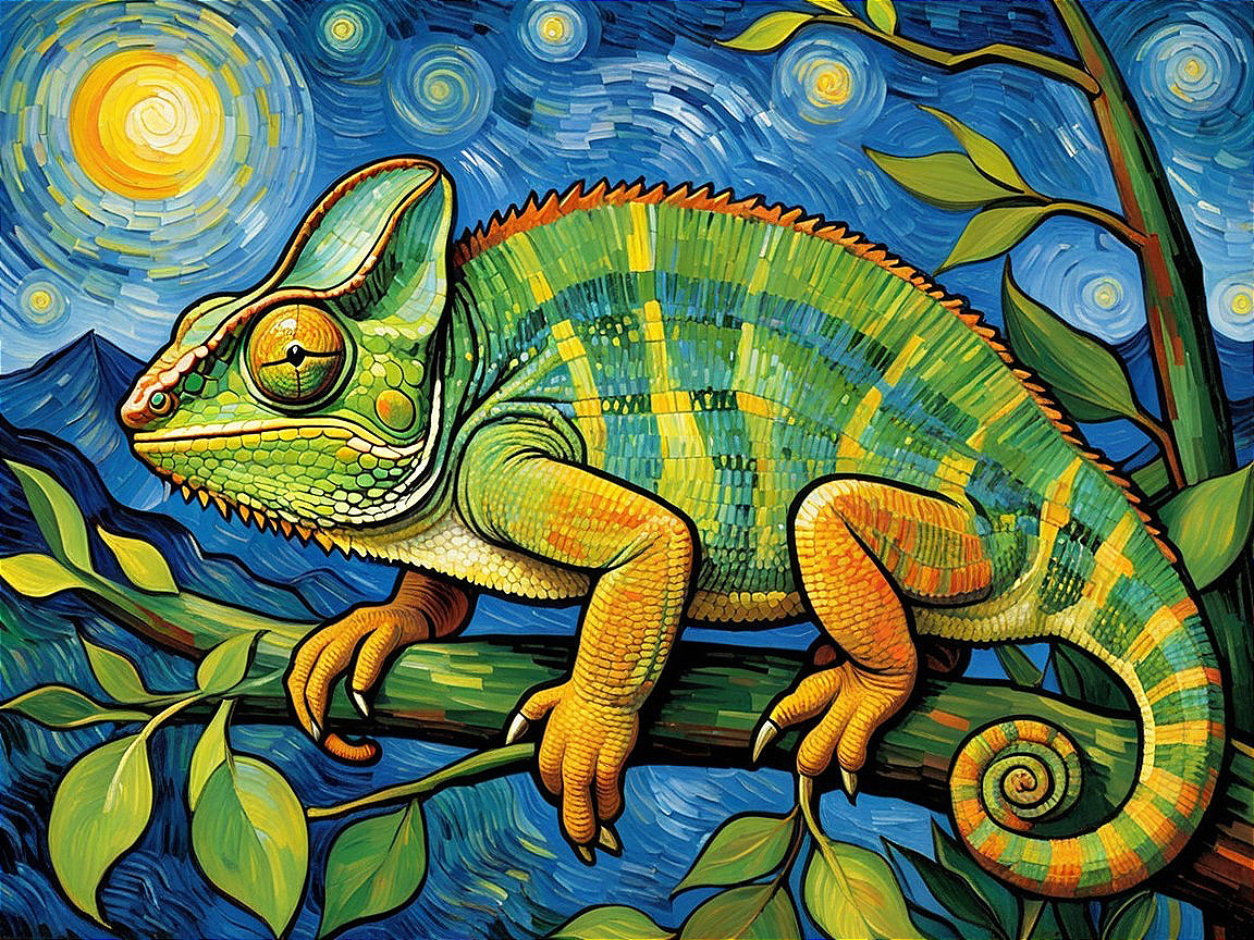 Chameleon on Branch with Night Sky and Moon Background