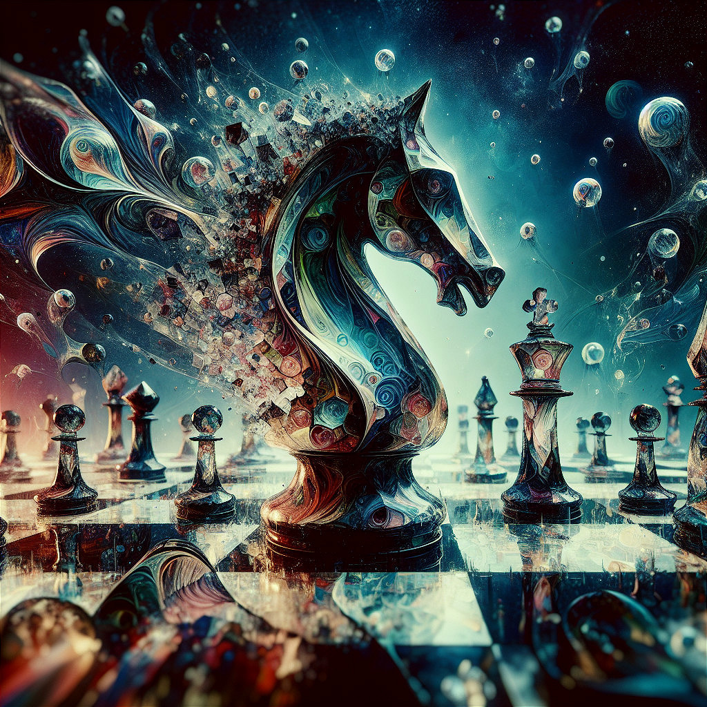 Surreal Chessboard Scene with Colorful Knight Piece