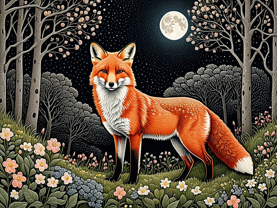 Vibrant Fox in Colorful Forest Under Full Moon