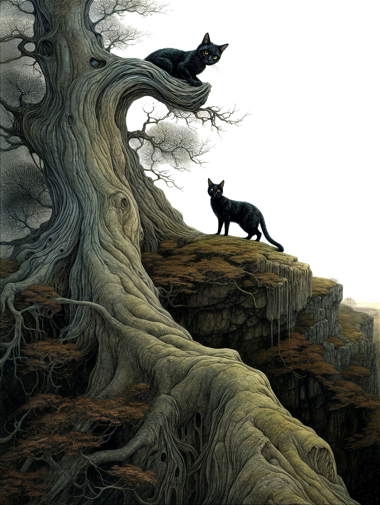Mystical Scene of Two Black Cats on Ancient Tree