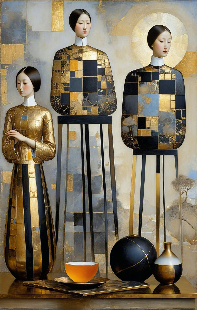 Stylized Figures in Gold and Black with Geometric Patterns
