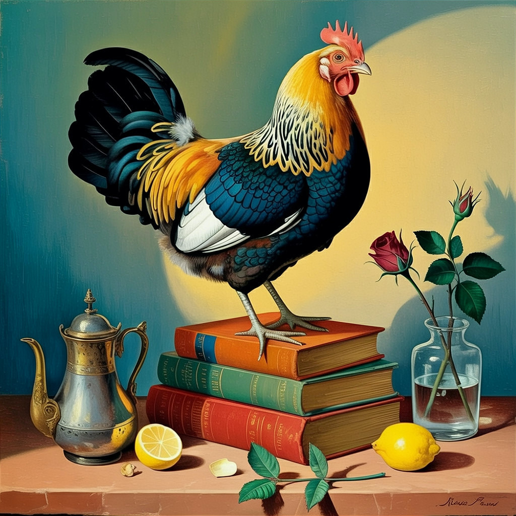 Vibrant Still Life with Rooster and Colorful Objects