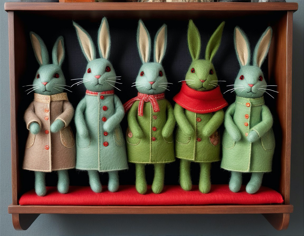 Five Plush Bunnies in Colorful Felt Coats Display