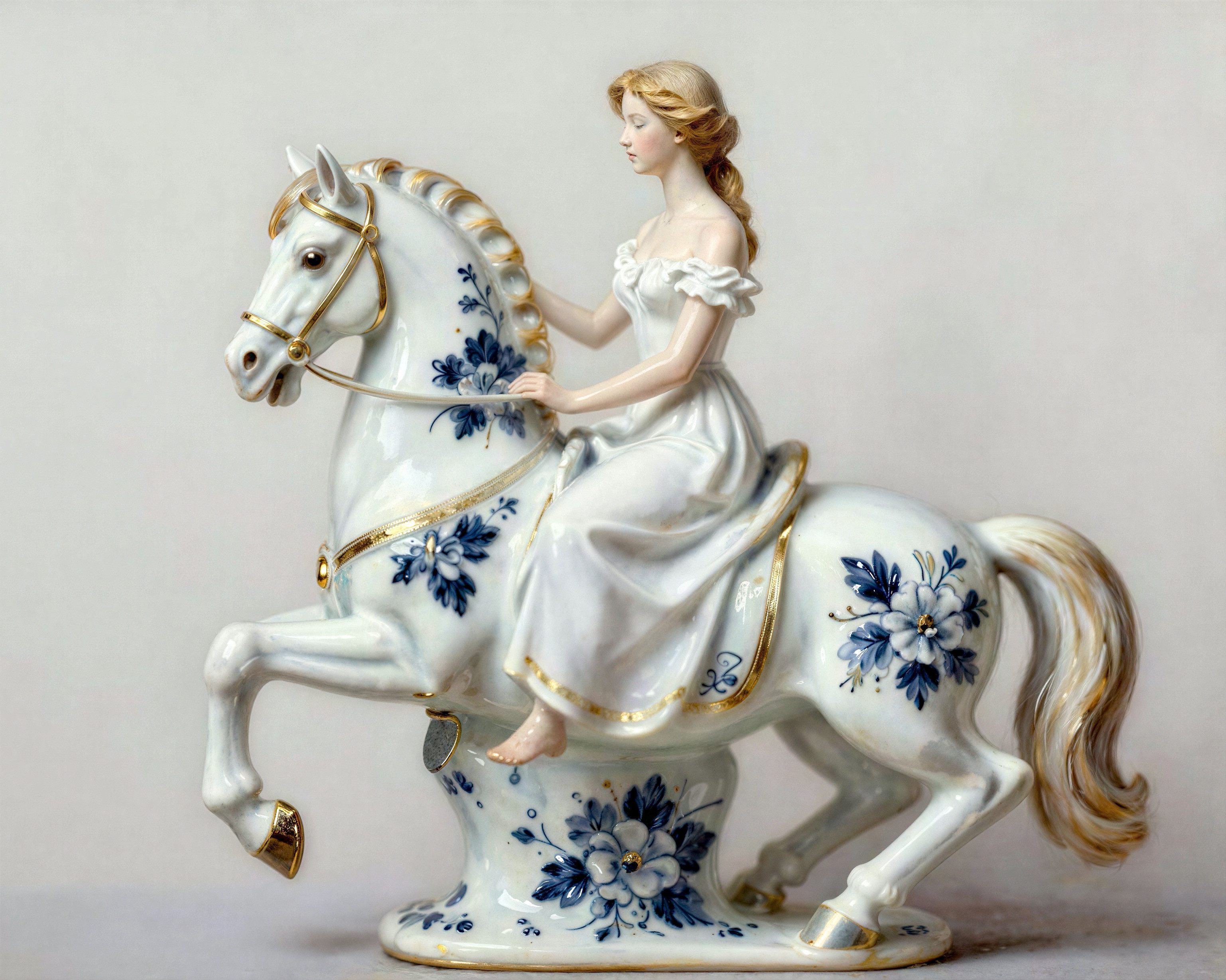 White Porcelain Figurine of Woman on Rearing Horse