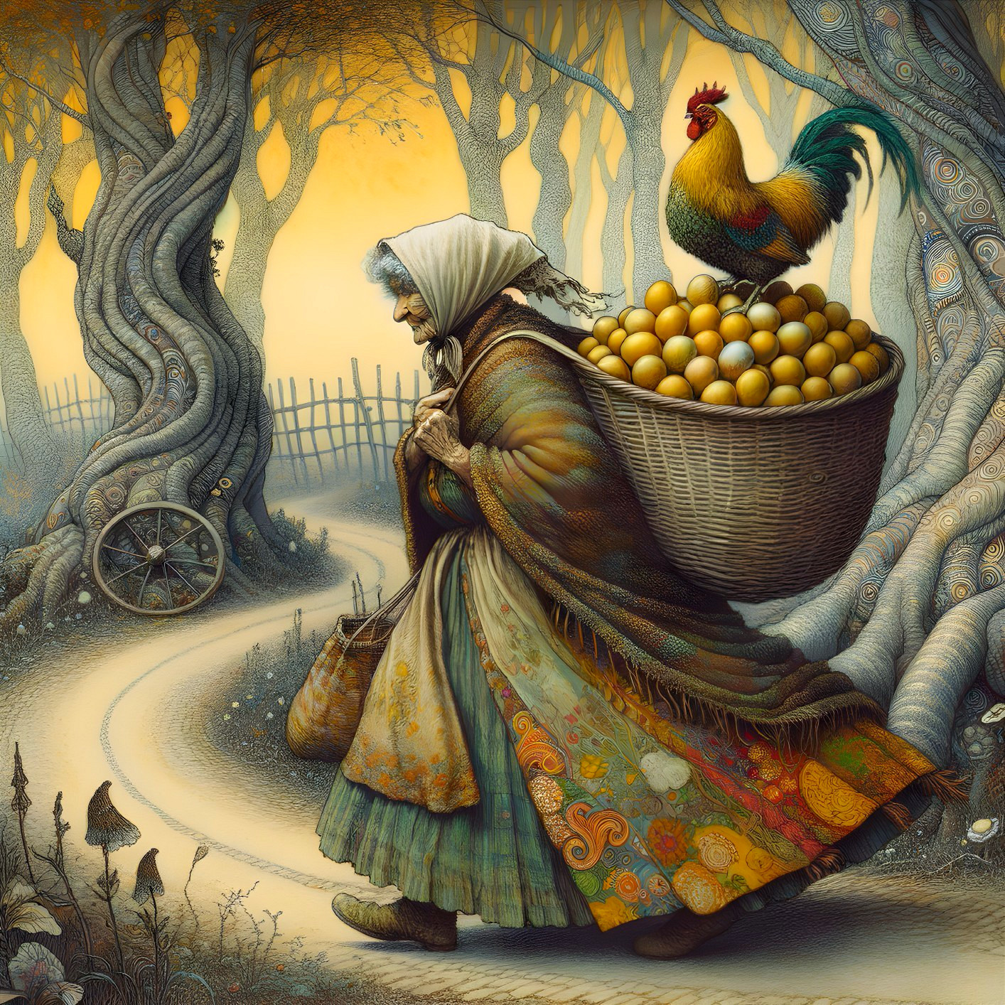 Elderly Woman with Golden Eggs in Enchanted Forest