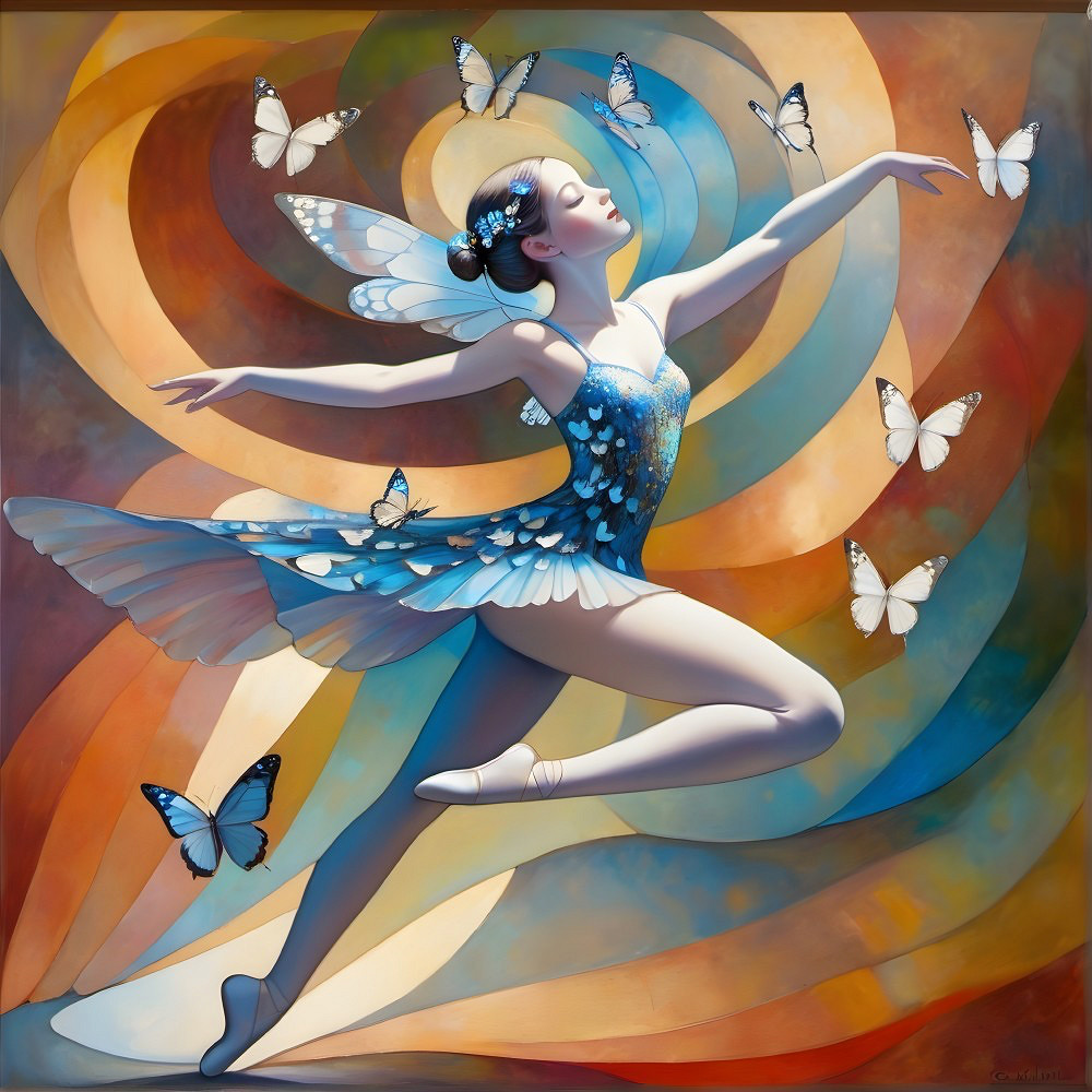 Ballerina in Colorful Swirls with Butterfly Motifs