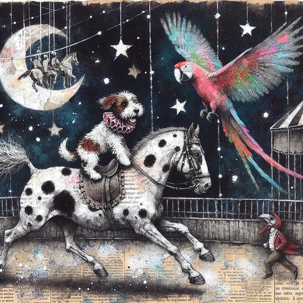 Whimsical Dog and Horse Scene Under Starry Sky