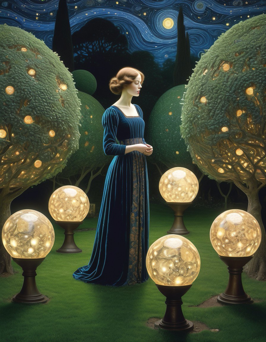 Serene Figure in Blue Gown in Enchanted Garden