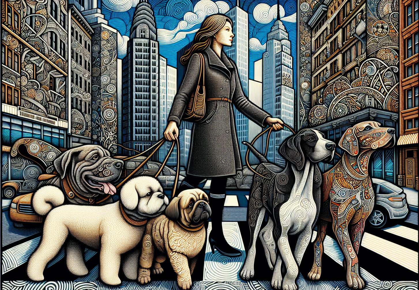 Woman Walking Five Dogs in Vibrant Cityscape
