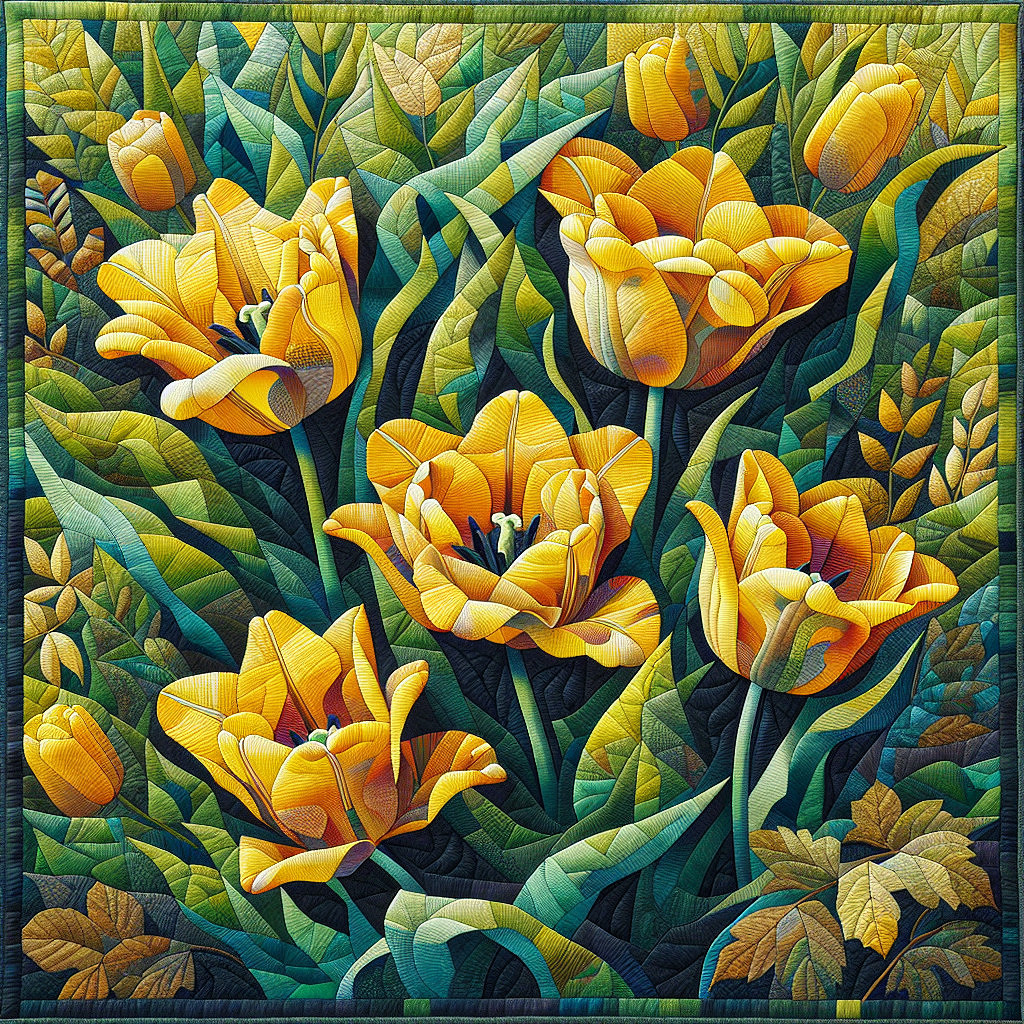 Vibrant Tapestry Artwork of Leaves and Yellow Tulips