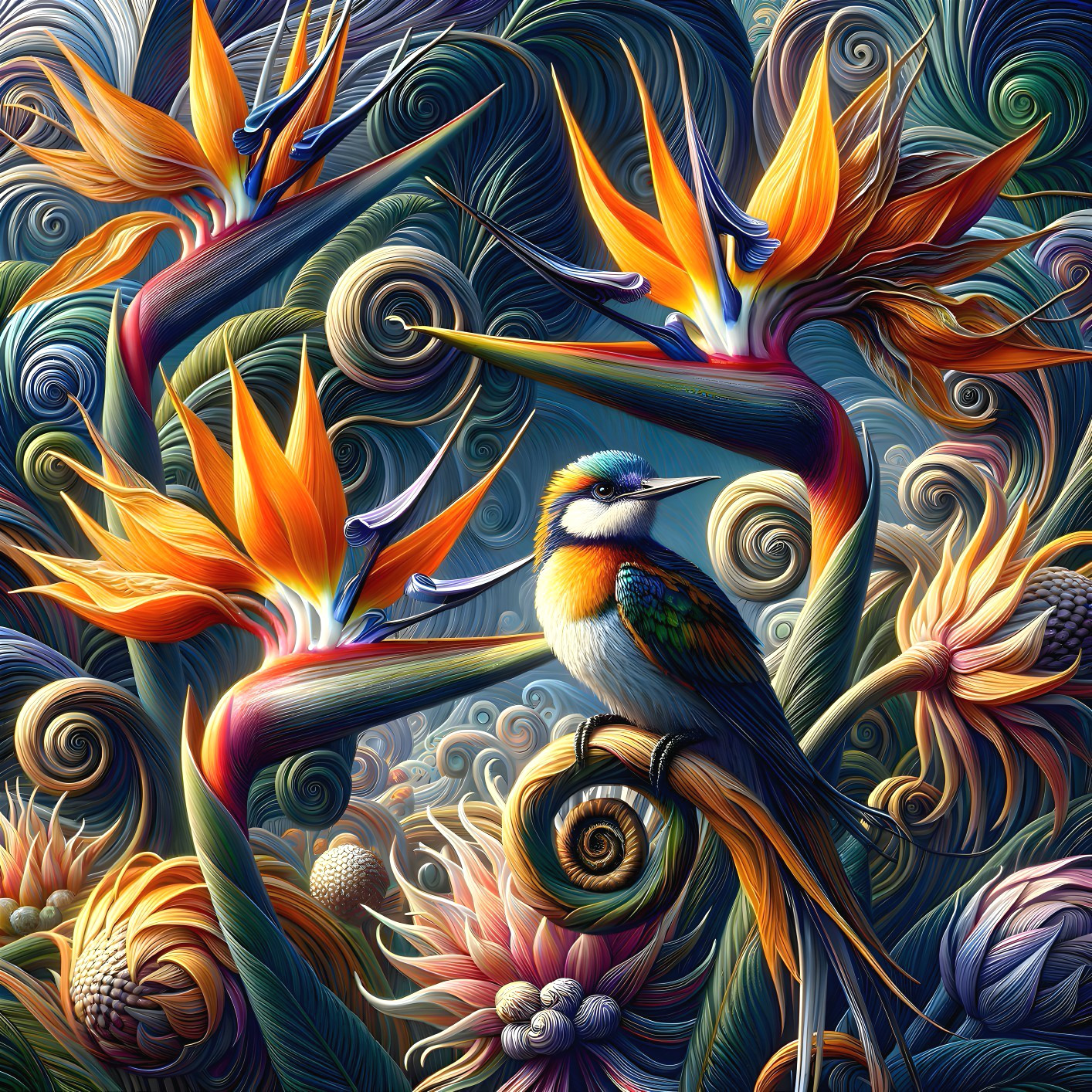 Vibrant Bird Among Exotic Flowers and Foliage