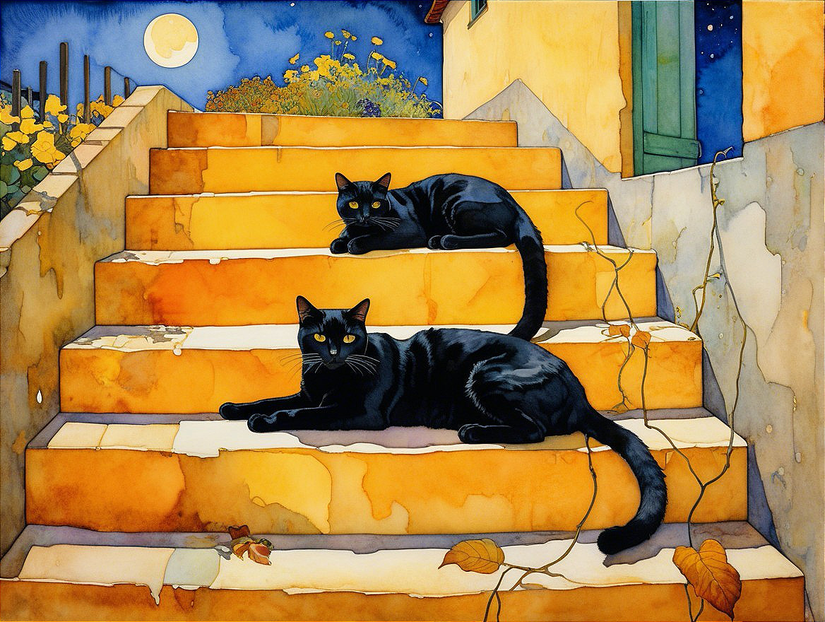 Black Cats on Sunlit Yellow Stairs Under Full Moon