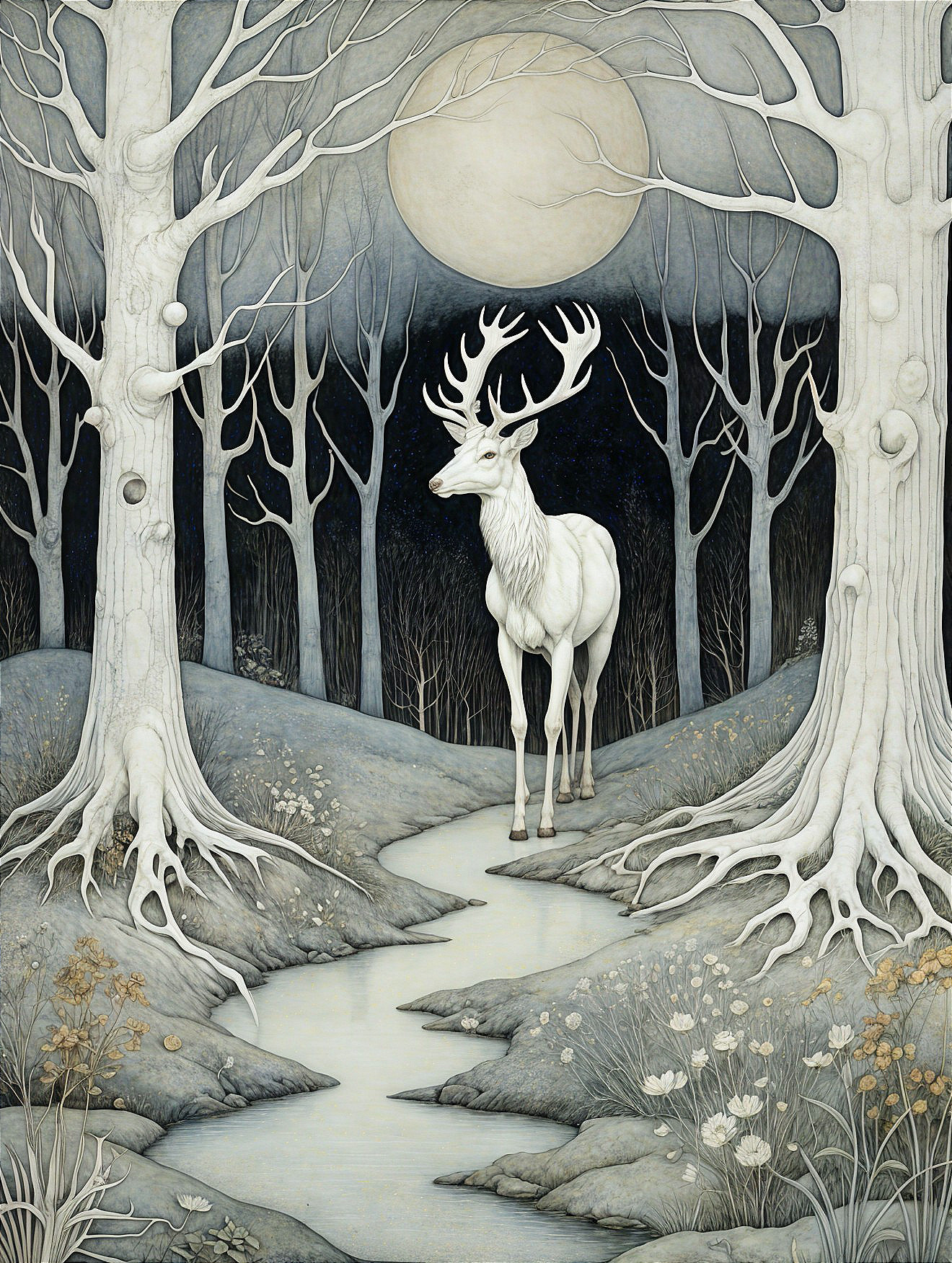 Majestic White Deer in a Moonlit Forest Scene