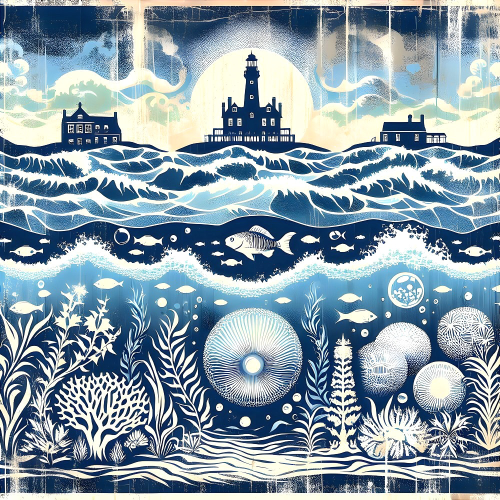 Coastal Scene with Lighthouse and Underwater Life
