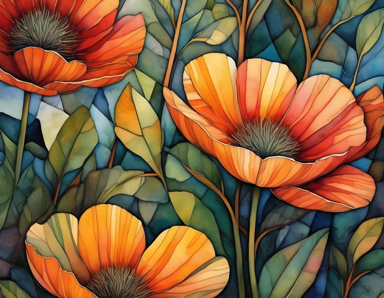 Vibrant Stained Glass Design with Luminous Poppies