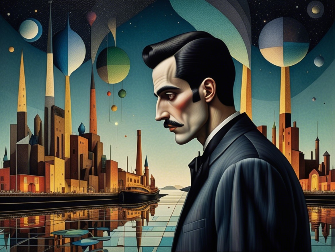 Stylized Portrait of a Man in a Surreal Cityscape