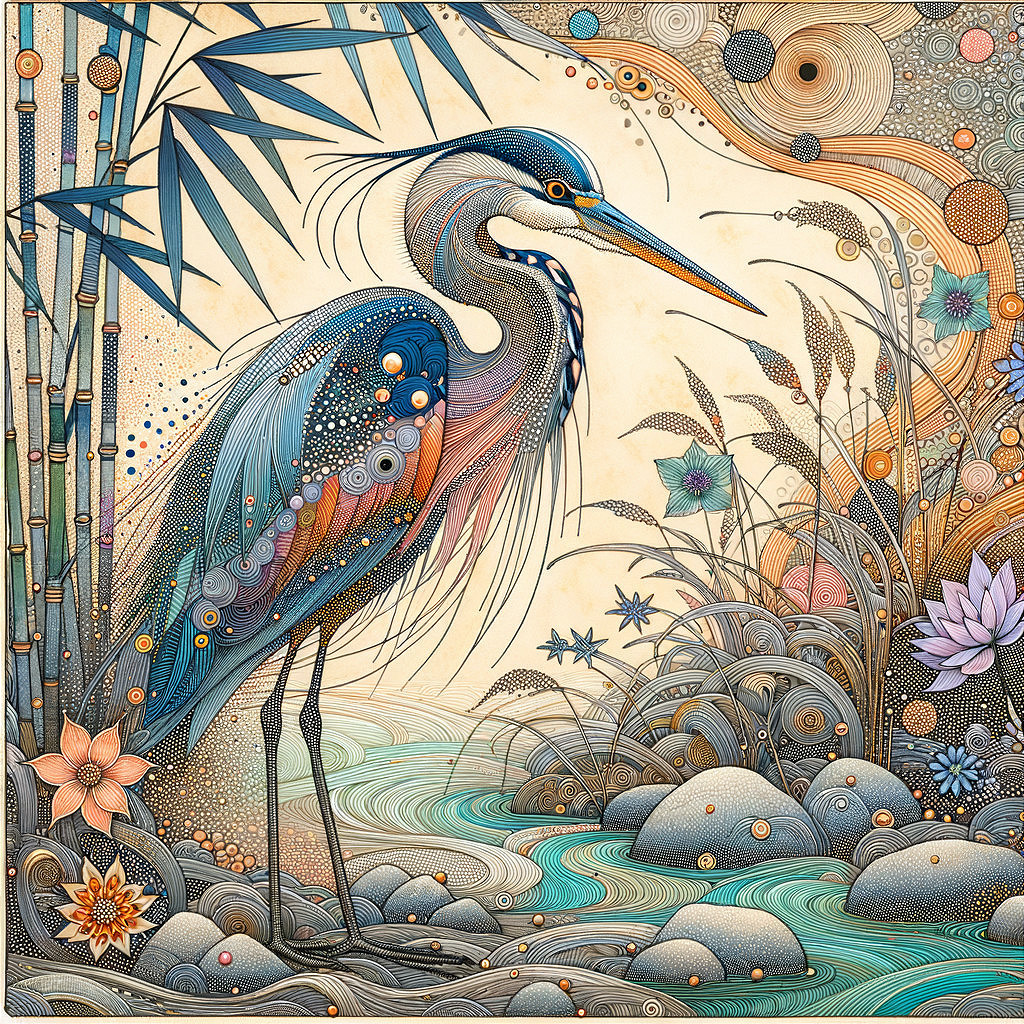 Illustration of a heron in a tranquil bamboo setting