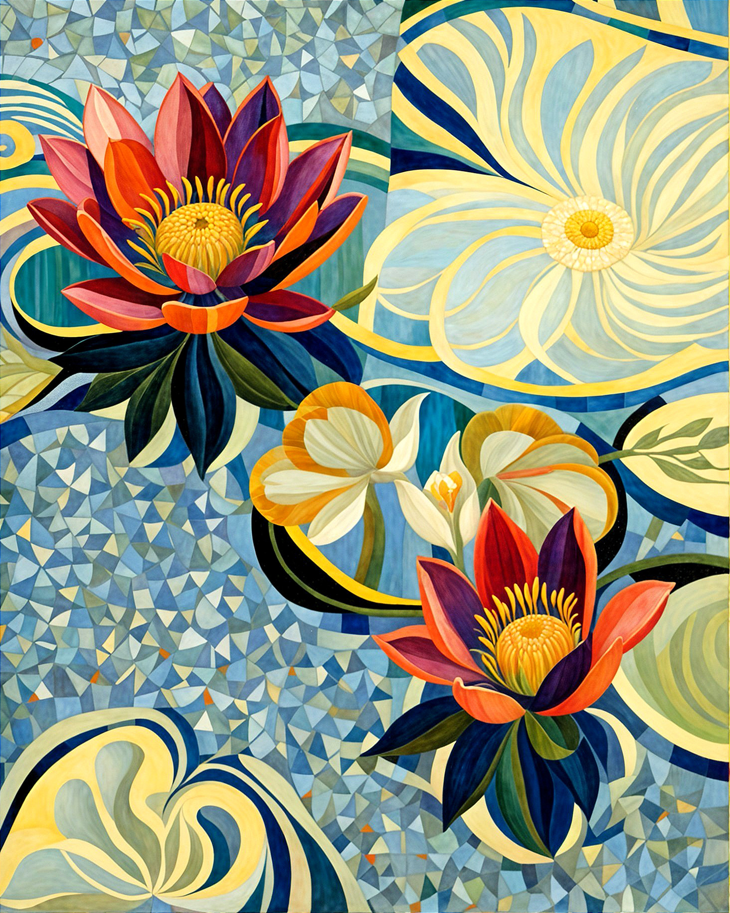Abstract Water Lilies on Textured Blue Background