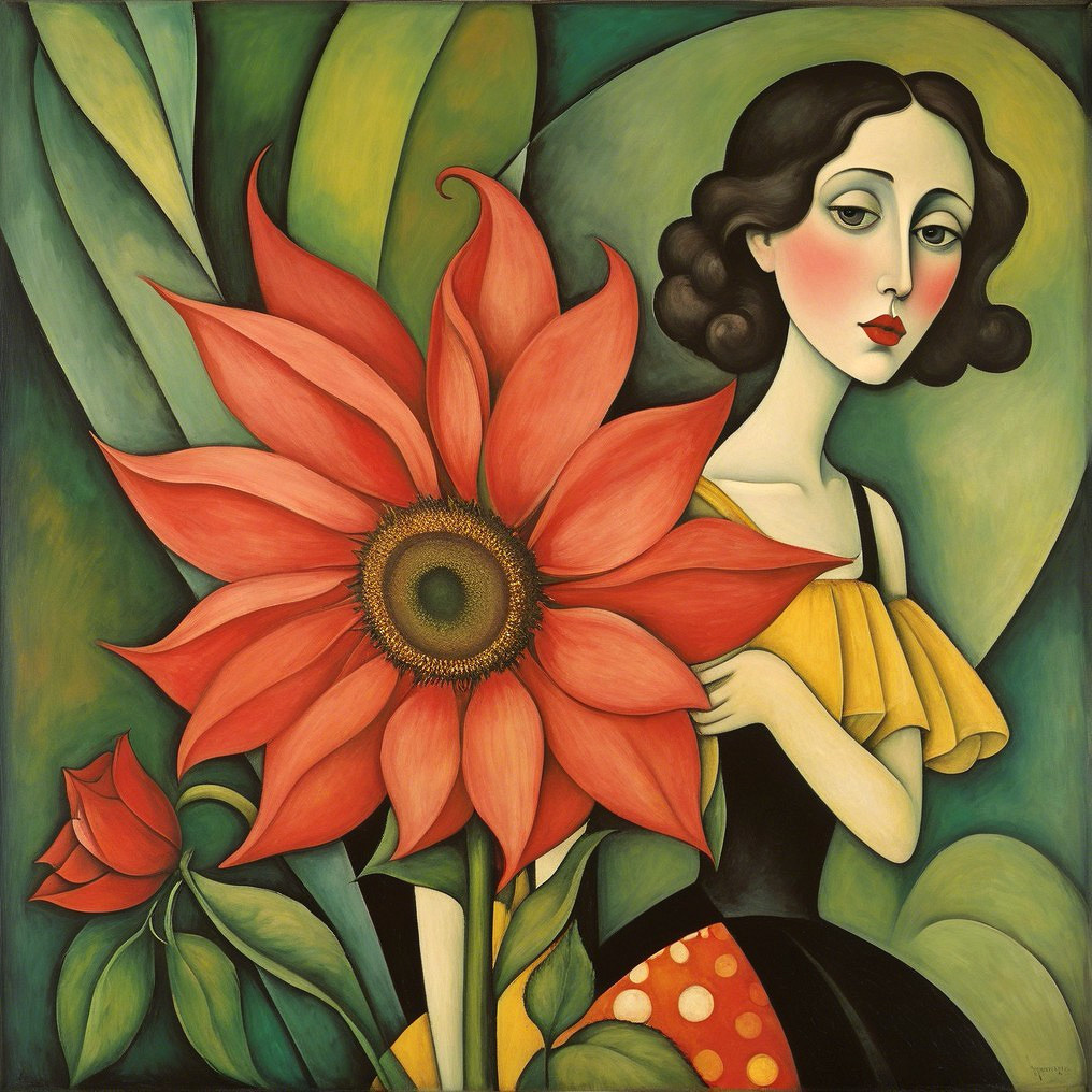 Stylized Woman Surrounded by Vibrant Flowers