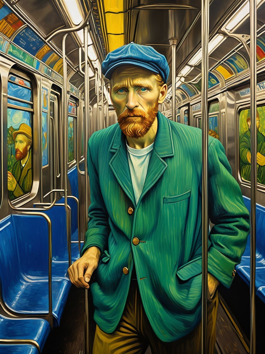 Man with Red Beard in Teal Jacket on Subway Car