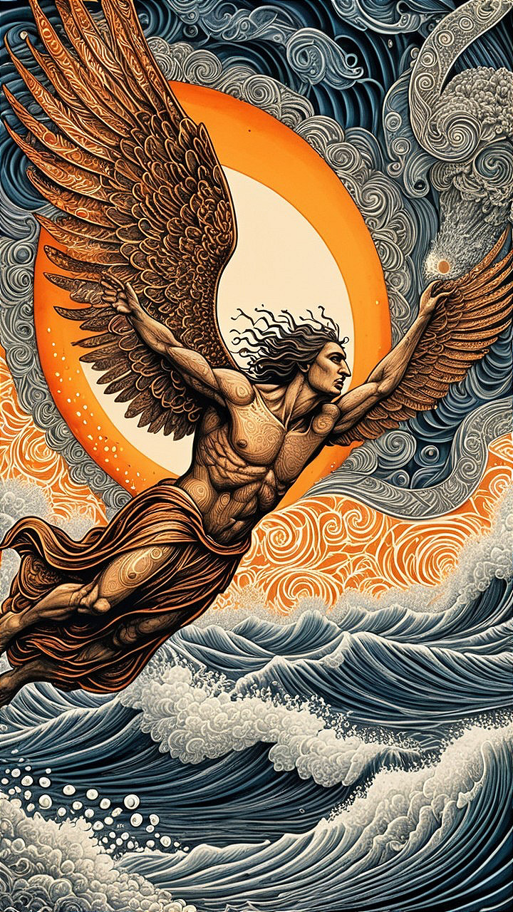Winged Figure Soaring Above Turbulent Ocean Waves