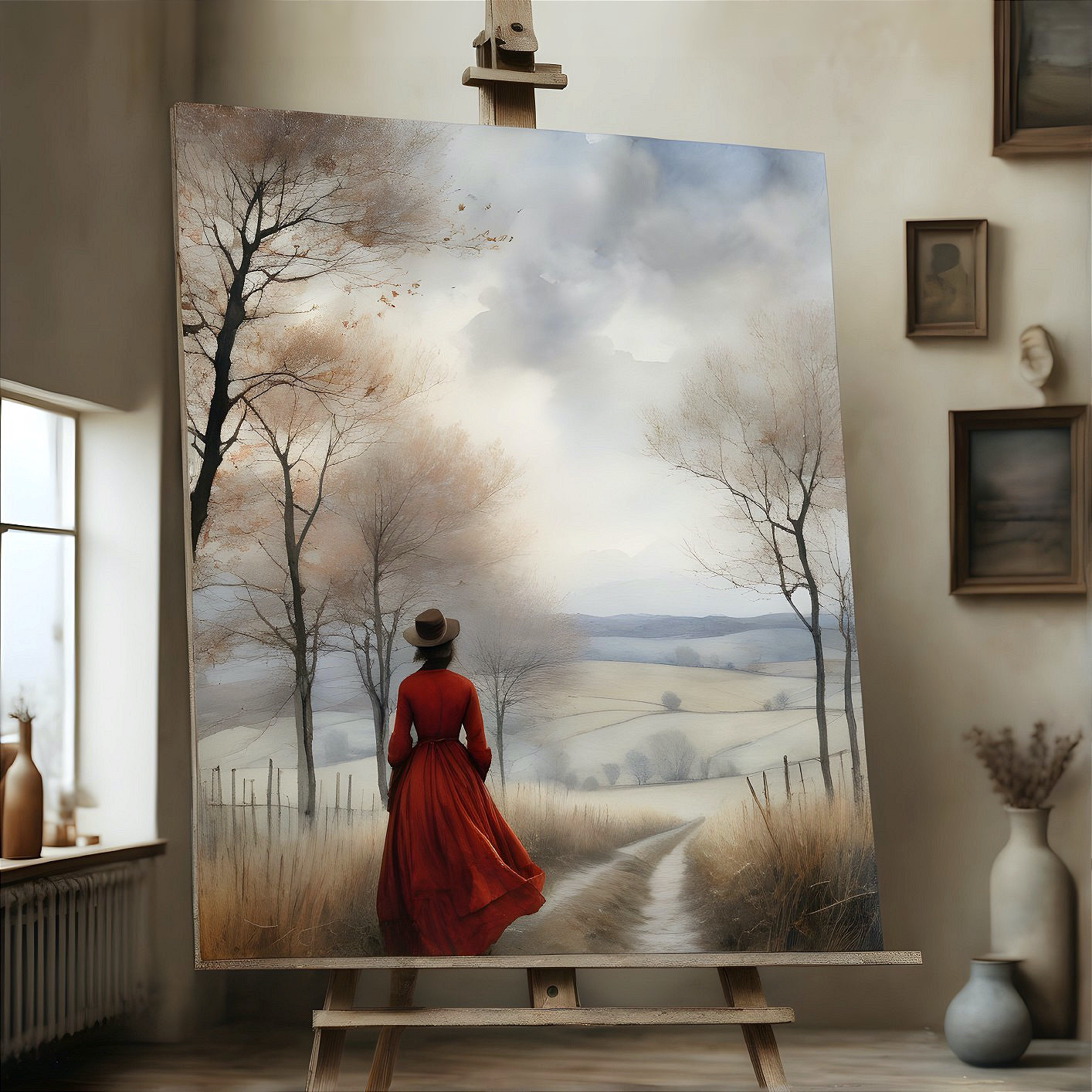 Serene Landscape with Woman in Red Dress at Dusk