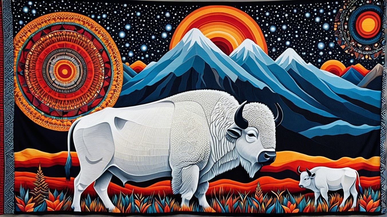 Vibrant Tapestry of White Buffalo and Colorful Mountains