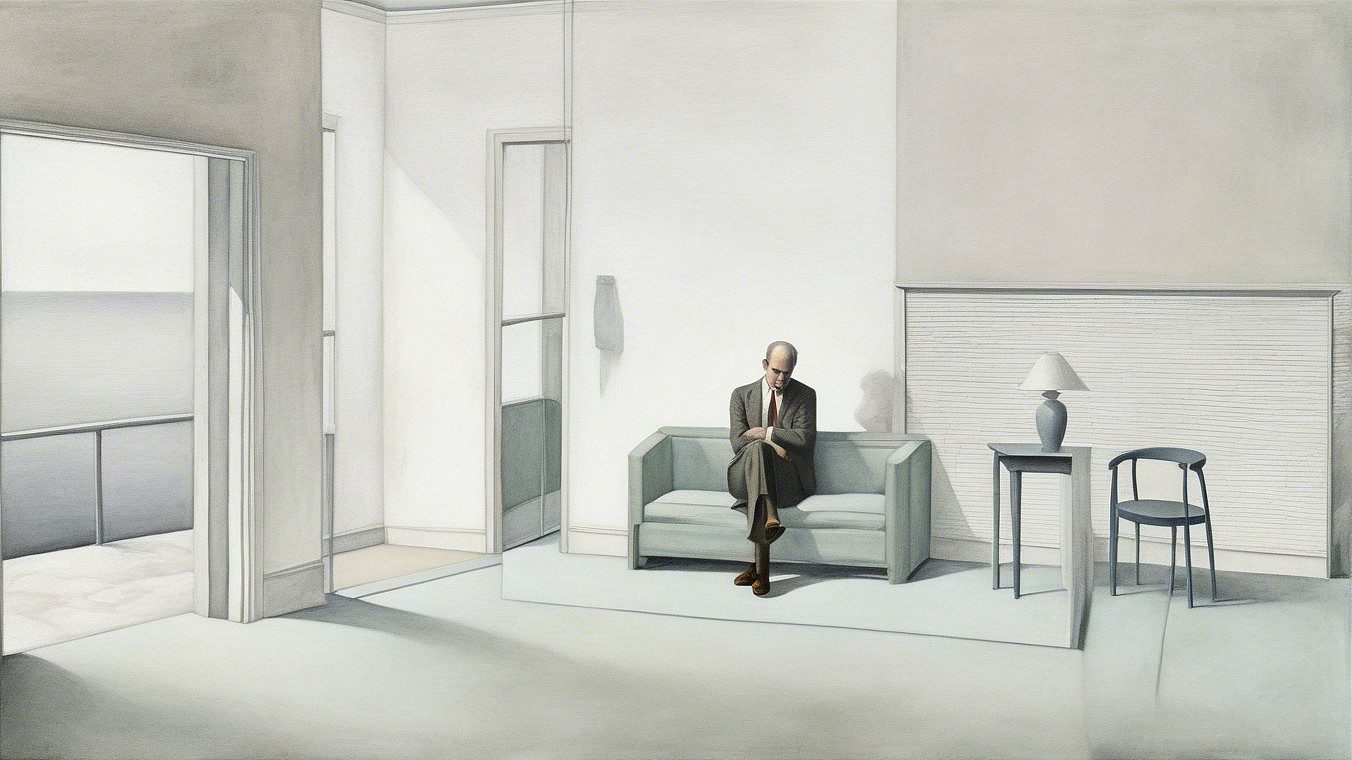 Solitary Figure in Minimalist Room with Soft Lighting