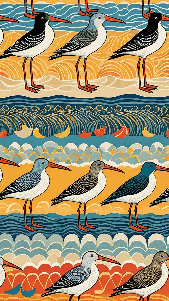Stylized Shorebirds Against Wavy Ocean Motifs