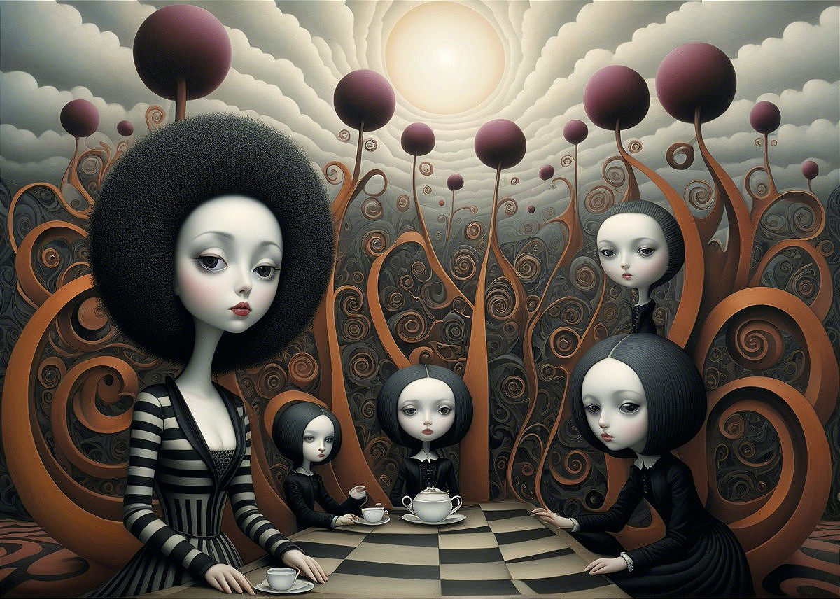 Surreal Gathering of Figures at Checkerboard Table