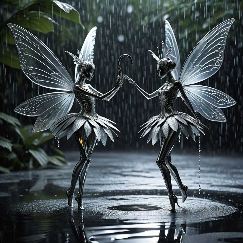 Metallic Fairy Figures Dancing in Rainy Scene
