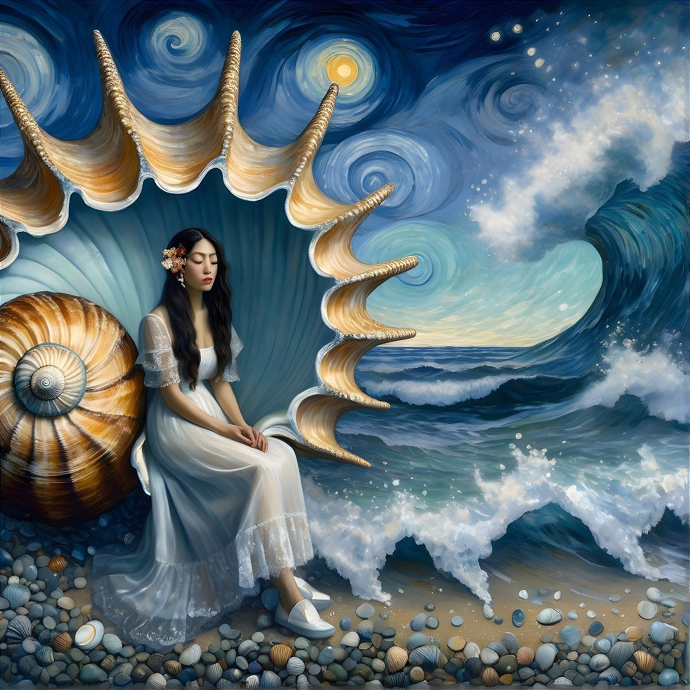 Young Woman in Seashell by Ocean with Vibrant Sky