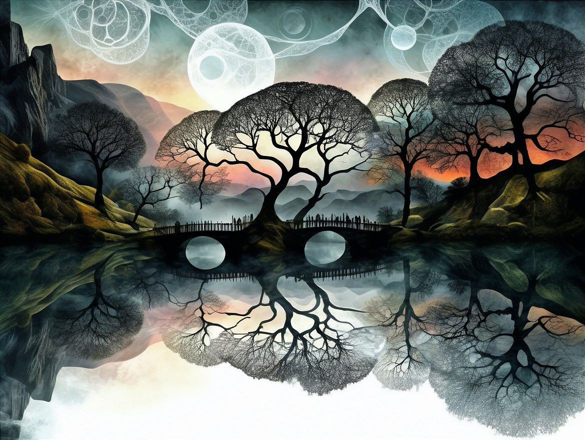 Mystical Bridge Over Still Lake in Serene Landscape