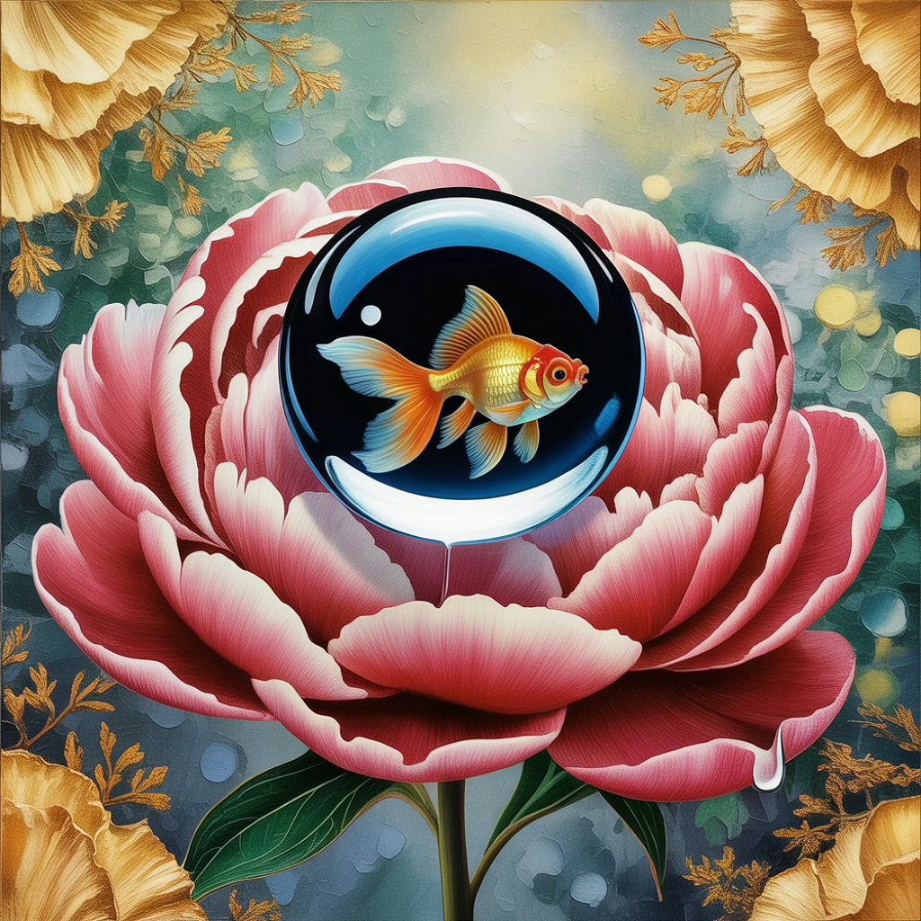 Golden fish in bubble on pink peony with golden leaves