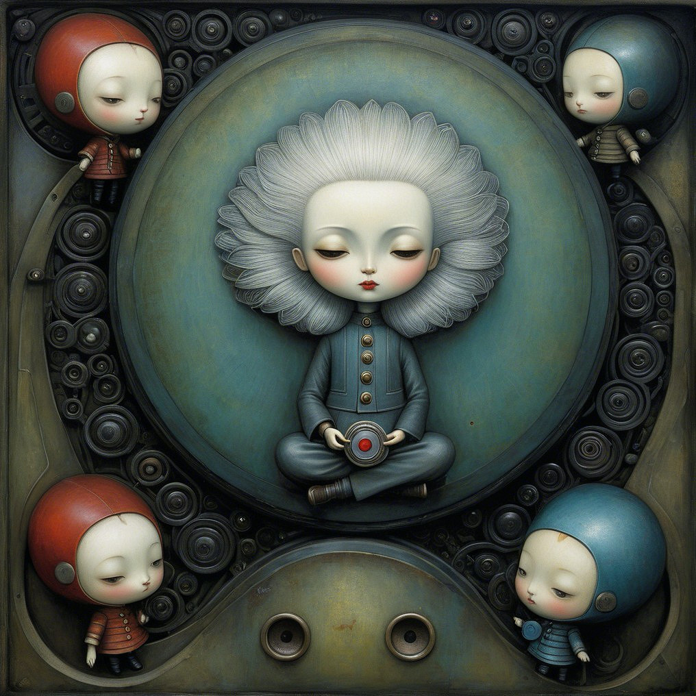 Whimsical Scene with Central Figure and Mechanical Elements