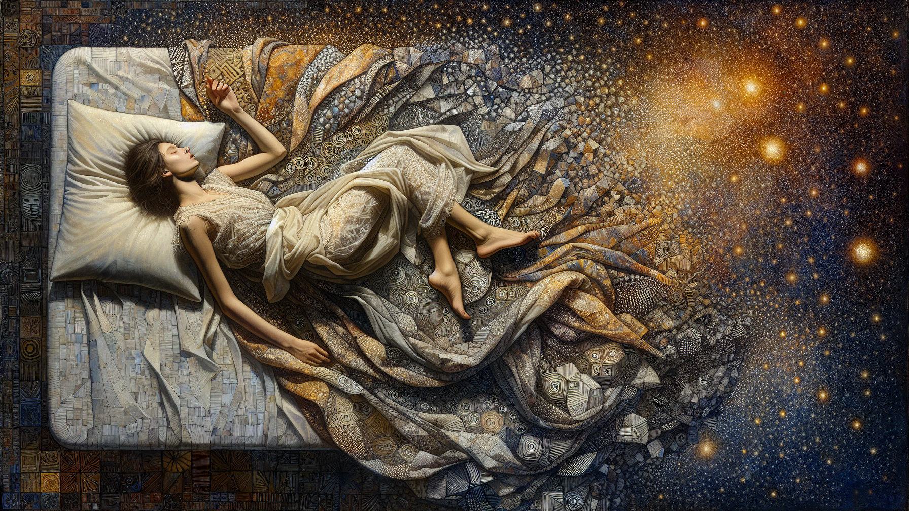Dreamlike Scene of Woman on Cosmic Bed Sheets