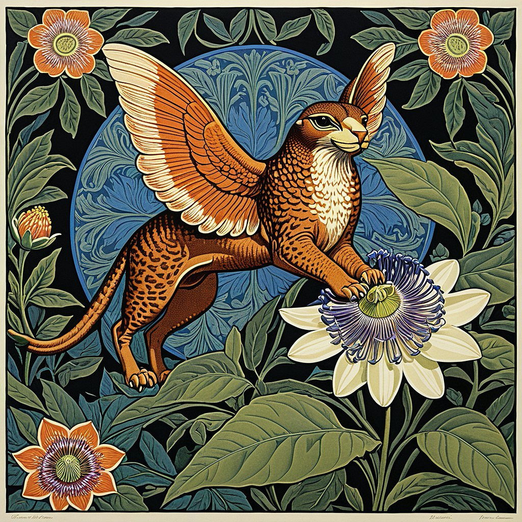 Vibrant Arts and Crafts Illustration of a Winged Creature