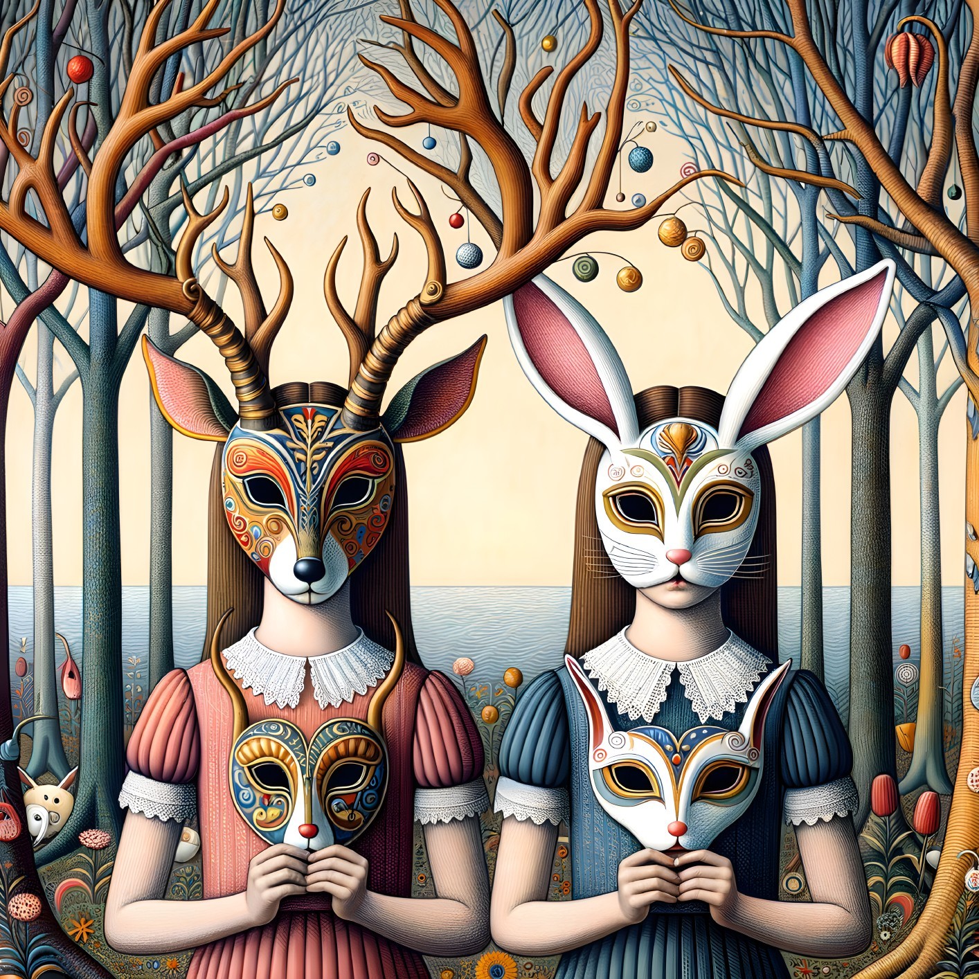 Girls in a whimsical forest with decorative masks